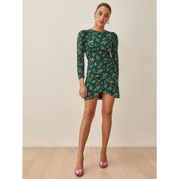 Reformation Dresses & Skirts - Reformation Green Floral Long Puff Sleeve Faux Wrap Mini Juni Dress Women's 4